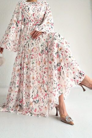 Women's Floral Maxi Kaftan Dress - Elegant Long Sleeve Design, Comfortable Crew Neck, Perfect for Casual and Formal Occasions