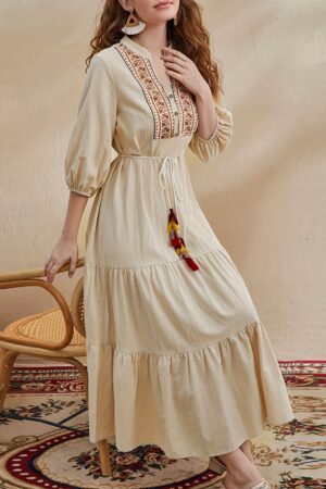 [Non-Stretch Ruffle Hem Midi] Chic Middle Eastern-Inspired Midi Dress with Tassel Detail, Ruffle Hem & Lantern Sleeves - Polyester Blend, Non-Stretch, Perfect for Fall/Winter