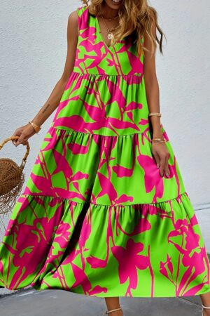 Women's Sleeveless V-Neck Floral Print Maxi Dress - Vibrant Pink Flowers on Green, Loose Fit Flared Hem, Machine Washable Resort Vacation & Summer Dress, Cute Summer Dresses, Casual Elegance, Vneck Design, No Stretch Fabric