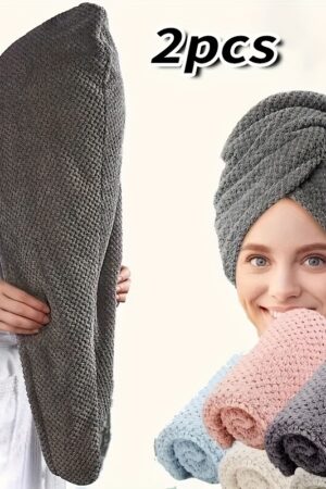 2-Pack Super Absorbent Microfiber Hair Towels, 300GSM Soft Quick-Dry Hair Drying Cap for Normal Hair, Unscented Curl Enhancing Textured Hair Wrap Turban, Easy Button-Fastening Design for Bathroom Accessories