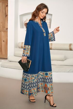 [Floral Maxi Dress] Vibrant Blue & Orange Floral Print Maxi Dress Robe | Long Sleeve, Loose Fit, Perfect for Spring/Summer/Fall | Cultural & Traditional Wear, Floral Details