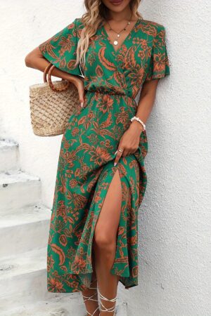 Floral Print Aline Dress - Stunning V-neck, Delicate Flutter Sleeves, Stylish Split Design for a Flattering Silhouette - Perfect for Spring and Summer, Womens Elegant Clothing