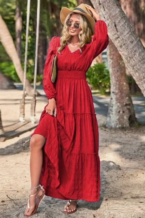 Chic Solid V-neck Textured Maxi Dress - Flattering Vacation Style with Smocked Long Sleeves - Versatile Womens Clothing for All Seasons