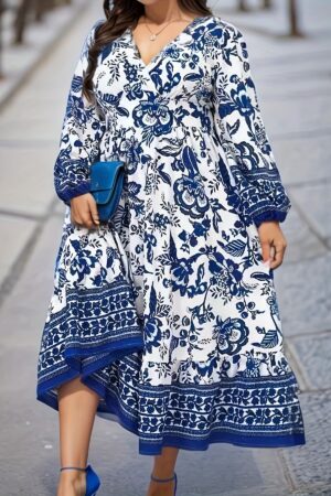 Plus Size Tropical Floral Print Fit and Flare Maxi Dress - V-Neck, Ruffled Surplice, Shirred Nipped Waist, Lantern Sleeves, Polyester Fabric - Perfect for Vacation and All Seasons