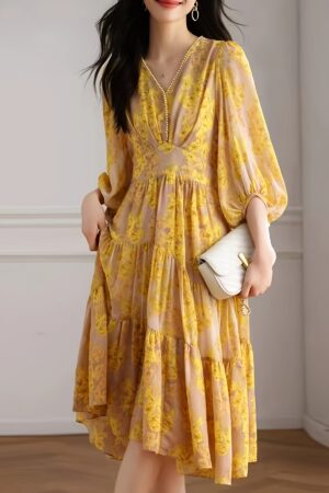 [New High-End Dress] Summer New High-End Floral Dress | High-Waisted Lantern Sleeve Soft Style Commuter Chic Dress