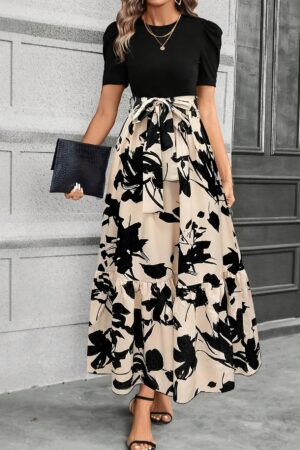 [Short Sleeve Midi Dress Perfect] Print Midi Dress with Belt - Crew Neck, Short Sleeve, Non-Stretch Polyester - Machine Washable - Perfect for All Seasons