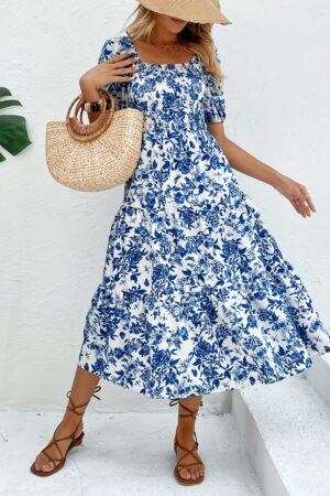 Floral Print A-line Dress, Elegant Short Sleeve Dress For Spring & Summer, Women's Clothing