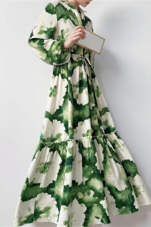 Women'S Elegant V-Neck Long Sleeve Maxi Dress, 100% Polyester, All-Season A-Line Printed Dress with Drawstring Detail, 130g/m² Woven Fabric, Perfect for Adult