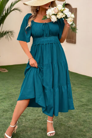 Elegant Plus Size Teal Maxi Dress with Sweetheart Neckline and Ruffled Hem - Casual Summer Dress for Women, Machine Washable, Cute Dress, Nontransparent Fabric