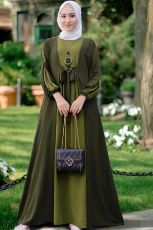 Elegant Color-Contrast Waistband Long Dress - Muslim Ramadan Casual Abaya - Tuck-in Headed Outing Dress (without Headscarf)