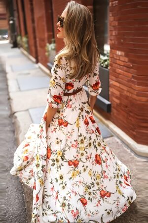 Plus Size - 1pc Bohemian Floral Print Maxi Dress for Women - 3/4 Sleeve, Round Neck, Flowy Summer Vacation Dress with Belt, Vibrant Orange & Green Floral Design, Casual Beachwear, Perfect for Spring/Summer/Fall, Beach Dress